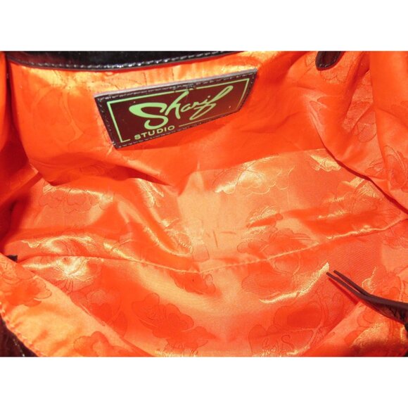 Sharif 1827 Black Metallic Floral Python Embossed Italian Leather Charm Satchel - Picture 9 of 16